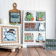 Load image into Gallery viewer, Dinosaur Halloween Interchangeable Leaning Sign File SVG, Glowforge Tiered Tray, Ghost, Candy, Boo, Trick or Treat, LuckyHeartDesignsCo