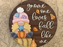 Load image into Gallery viewer, Fall Gnome Pumpkin Girl Door Hanger File SVG, Scarecrow, Leaves, Pumpkin, Leaf, Autumn, Decor Glowforge, LuckyHeartDesignsCo