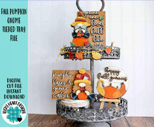 Load image into Gallery viewer, Fall Pumpkin Gnome Tiered Tray File SVG, Glowforge Farm, Leaves, Leaf, Autumn, Scarecrow, Gourd, Sign, Decor, LuckyHeartDesignsCo