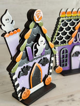 Load image into Gallery viewer, Halloween Candy Standing Houses File SVG, Haunted, Gingerbread, Candy Corn, Bat, Ghost, Tiered Tray, Glowforge, LuckyHeartDesignsCo