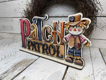 Load image into Gallery viewer, Scarecrow Shelf Sitter Standing File SVG, Glowforge Pumpkin Farm, Girl, Boy, Autumn, Gourd, Decor, Tiered Tray, LuckyHeartDesignsCo