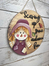 Load image into Gallery viewer, Scarecrow Girl Fall Door Hanger File SVG, Scarecrow, Leaves, Pumpkin, Leaf, Autumn, Decor Glowforge, LuckyHeartDesignsCo