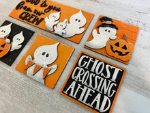 Load image into Gallery viewer, Cute Ghost Interchangeable Leaning Sign File SVG, Glowforge Tiered Tray, Halloween, Boo, Trick or Treat, LuckyHeartDesignsCo