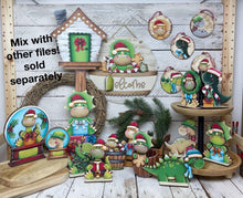Load image into Gallery viewer, Christmas Dinosaur Ornament File SVG, Glowforge, T-rex, Triceratops, Brachiosaurus, Santa, Elf, Dino, LuckyHeartDesignsCo