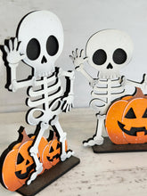 Load image into Gallery viewer, Cute Skeleton Halloween Standing File SVG, Witch, Jack-o-lantern, Boo, Tombstone, Trick Or Treat Tiered Tray Glowforge, LuckyHeartDesignsCo