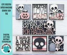 Load image into Gallery viewer, Cute Skeleton Interchangeable Leaning Sign File SVG, Glowforge Tiered Tray, Halloween, Skull, Pumpkin Boo Trick or Treat LuckyHeartDesignsCo