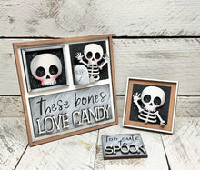 Load image into Gallery viewer, Cute Skeleton MINI Interchangeable Leaning Sign File SVG, Halloween Pumpkin, Boo, Trick or Treat, Tiered Tray Glowforge, LuckyHeartDesignsCo