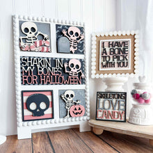 Load image into Gallery viewer, Cute Skeleton Interchangeable Leaning Sign File SVG, Glowforge Tiered Tray, Halloween, Skull, Pumpkin Boo Trick or Treat LuckyHeartDesignsCo