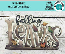 Load image into Gallery viewer, Falling Leaves Shelf Sitter Standing Fall Sign File SVG, Fall Glowforge, Leaves, Pumpkin, Autumn, Thanksgiving, LuckyHeartDesignsCo