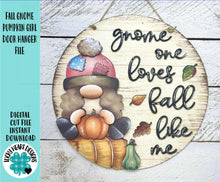 Load image into Gallery viewer, Fall Gnome Pumpkin Girl Door Hanger File SVG, Scarecrow, Leaves, Pumpkin, Leaf, Autumn, Decor Glowforge, LuckyHeartDesignsCo