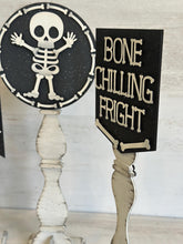 Load image into Gallery viewer, Halloween Pedestal Spindle Slide On Seasonal Set Interchangeable File SVG, Home Sign, Skeleton Glowforge, LuckyHeartDesignsCo