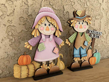 Load image into Gallery viewer, Scarecrow Pair Fall Standing File SVG, Glowforge Pumpkin Farm, Girl, Boy, Autumn, Gourd, Decor, Tiered Tray, LuckyHeartDesignsCo