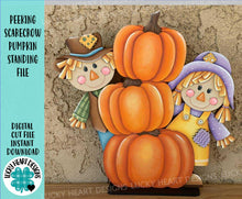 Load image into Gallery viewer, Peeking Scarecrow Pumpkin Standing File SVG, Glowforge, Patch, Farm, Girl, Boy, Autumn, Gourd, Decor, Tiered Tray, LuckyHeartDesignsCo