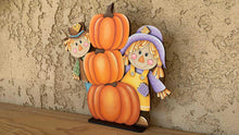 Load image into Gallery viewer, Peeking Scarecrow Pumpkin Standing File SVG, Glowforge, Patch, Farm, Girl, Boy, Autumn, Gourd, Decor, Tiered Tray, LuckyHeartDesignsCo