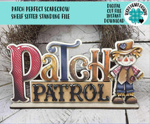 Load image into Gallery viewer, Scarecrow Shelf Sitter Standing File SVG, Glowforge Pumpkin Farm, Girl, Boy, Autumn, Gourd, Decor, Tiered Tray, LuckyHeartDesignsCo