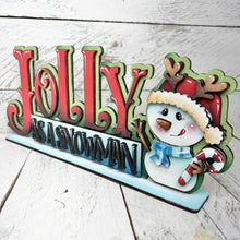Load image into Gallery viewer, Jolly As A Snowman Christmas Shelf Sitter Standing Sign File SVG, Santa Reindeer Snowmen Winter, Centerpiece, glowforge, LuckyHeartDesignsCo