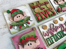 Load image into Gallery viewer, Elves Cute Christmas Interchangeable Leaning Sign File SVG, Glowforge Santa, Elf, Presents, Reindeer, Tiered Tray Signs, LuckyHeartDesignsCo