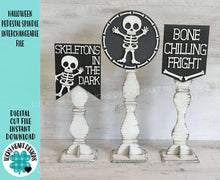 Load image into Gallery viewer, Halloween Pedestal Spindle Slide On Seasonal Set Interchangeable File SVG, Home Sign, Skeleton Glowforge, LuckyHeartDesignsCo