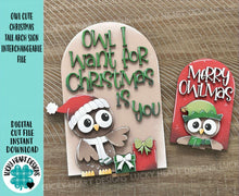 Load image into Gallery viewer, Owl Cute Christmas Tall Arch Sign Interchangeable File SVG, TINY, INSERT only, Santa, Glowforge, Holiday, Tiered Tray LuckyHeartDesignsCo
