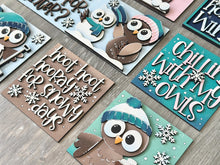Load image into Gallery viewer, Owl Cute Winter Interchangeable Leaning Sign File SVG, glowforge Snowman, Snowmen, Bird, Tiered Tray, LuckyHeartDesignsCo