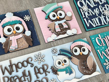 Load image into Gallery viewer, Owl Cute Winter Interchangeable Leaning Sign File SVG, glowforge Snowman, Snowmen, Bird, Tiered Tray, LuckyHeartDesignsCo