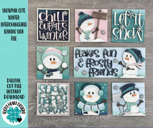 Load image into Gallery viewer, Snowman Cute Winter Interchangeable Leaning Sign File SVG, glowforge, Snowmen, Bird, Tiered Tray, LuckyHeartDesignsCo