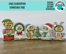 Load image into Gallery viewer, Owl Christmas Standing File SVG, Glowforge, Santa, Sweater, Present, Candy Cane, Reindeer, Rudolph, LuckyHeartDesignsCo