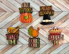 Load image into Gallery viewer, Thanksgiving Mug Hugger Bundle File SVG, Glowforge Tiered Tray, Tray Decor, Pumpkin, Pie, Turkey, Coffee Gift, Topper, LuckyHeartDesignsCo