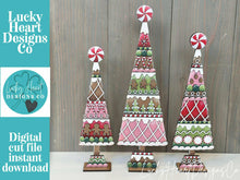 Load image into Gallery viewer, Christmas Candy Gingerbread Standing Tree File SVG, mantle decor, Holiday, Candy Cane Peppermint Centerpiece, glowforge, LuckyHeartDesignsCo