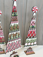 Load image into Gallery viewer, Christmas Candy Gingerbread Standing Tree File SVG, mantle decor, Holiday, Candy Cane Peppermint Centerpiece, glowforge, LuckyHeartDesignsCo