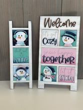 Load image into Gallery viewer, Snowman Cute Winter MINI Interchangeable Leaning Sign File SVG, Snowmen, Snowflake, Mittens, Tiered Tray Glowforge, LuckyHeartDesignsCo
