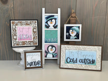 Load image into Gallery viewer, Penguin Cute Winter MINI Interchangeable Leaning Sign File SVG, Snowmen, Snowflake, Mittens, Tiered Tray Glowforge, LuckyHeartDesignsCo