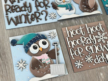 Load image into Gallery viewer, Owl Cute Winter Interchangeable Leaning Sign File SVG, glowforge Snowman, Snowmen, Bird, Tiered Tray, LuckyHeartDesignsCo