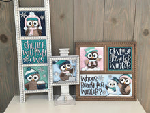 Load image into Gallery viewer, Owl Cute Winter Interchangeable Leaning Sign File SVG, glowforge Snowman, Snowmen, Bird, Tiered Tray, LuckyHeartDesignsCo