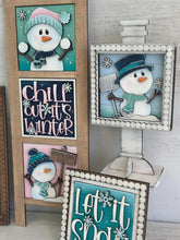 Load image into Gallery viewer, Snowman Cute Winter Interchangeable Leaning Sign File SVG, glowforge, Snowmen, Bird, Tiered Tray, LuckyHeartDesignsCo