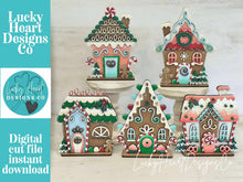 Load image into Gallery viewer, Gingerbread Candy Standing Houses File SVG, Christmas Glowforge, Christmas, Santa Village, Man, Candy Cane, LuckyHeartDesignsCO
