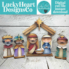 Load image into Gallery viewer, Nativity Standing Christmas Sign File SVG, Jesus, Mary, Three Kings, Religious, Mantle decor, Centerpiece, glowforge, LuckyHeartDesignsC