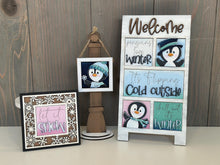 Load image into Gallery viewer, Penguin Cute Winter MINI Interchangeable Leaning Sign File SVG, Snowmen, Snowflake, Mittens, Tiered Tray Glowforge, LuckyHeartDesignsCo