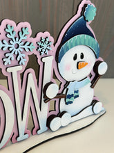 Load image into Gallery viewer, Let It Snow Snowman Winter Shelf Sitter Standing Sign File SVG, Snowflake, Snowmen, Mantle decor, Centerpiece, glowforge LuckyHeartDesignsCo