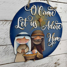 Load image into Gallery viewer, Nativity Adore Him Christmas Door Hanger File SVG, Glowforge Jesus, Mary, Religious, LuckyHeartDesignsCo