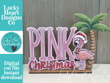 Load image into Gallery viewer, Flamingo Christmas Shelf Sitter Christmas Standing Sign File SVG, Santa Tree Pink, decor Centerpiece, glowforge, LuckyHeartDesignsCo