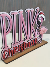 Load image into Gallery viewer, Flamingo Christmas Shelf Sitter Christmas Standing Sign File SVG, Santa Tree Pink, decor Centerpiece, glowforge, LuckyHeartDesignsCo