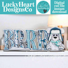 Load image into Gallery viewer, Brrr Bear Shelf Sitter Standing Sign File SVG, Snowflake, Snowman, Winter, Mantle decor, Centerpiece, glowforge, LuckyHeartDesignsCo