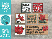 Load image into Gallery viewer, Cardinal Memorial Interchangeable Leaning Sign File SVG, Glowforge, Bird, Cardinals, Holiday, Church, Jesus, Religious, LuckyHeartDesignsCO