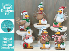 Load image into Gallery viewer, Chicken Christmas Standing File SVG, Farm, Santa, Bird, Funny, Egg, Chickens, Present, Candy Cane Tiered Tray Glowforge, LuckyHeartDesignsCo