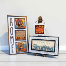 Load image into Gallery viewer, Turkey Gobble Thanksgiving Interchangeable Leaning Sign File SVG, Fall Pumpkin Tiered Tray Glowforge, LuckyHeartDesignsCo