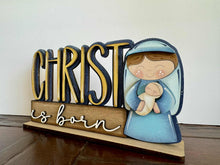Load image into Gallery viewer, Nativity Christ is Born Shelf Sitter Standing Sign File SVG, Jesus, Religious, Mantle decor, Centerpiece, glowforge, LuckyHeartDesignsC