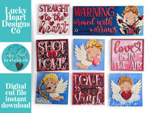 Load image into Gallery viewer, Cupid Valentine's Day Interchangeable Leaning Sign File SVG, Glowforge Tiered Tray, Love, Arrow, Heart, Cute, LuckyHeartDesignsCo