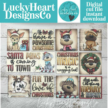 Load image into Gallery viewer, Dog Christmas Interchangeable Leaning Sign File SVG, glowforge Santa, Puppy, Chihuahua, Reindeer, Elf, Tiered Tray, LuckyHeartDesignsCo