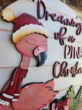 Load image into Gallery viewer, Pink Christmas Flamingo Door Hanger File SVG, Glowforge Laser, Sign, Florida, Tropical, Santa, Lucky Heart DesignsCo